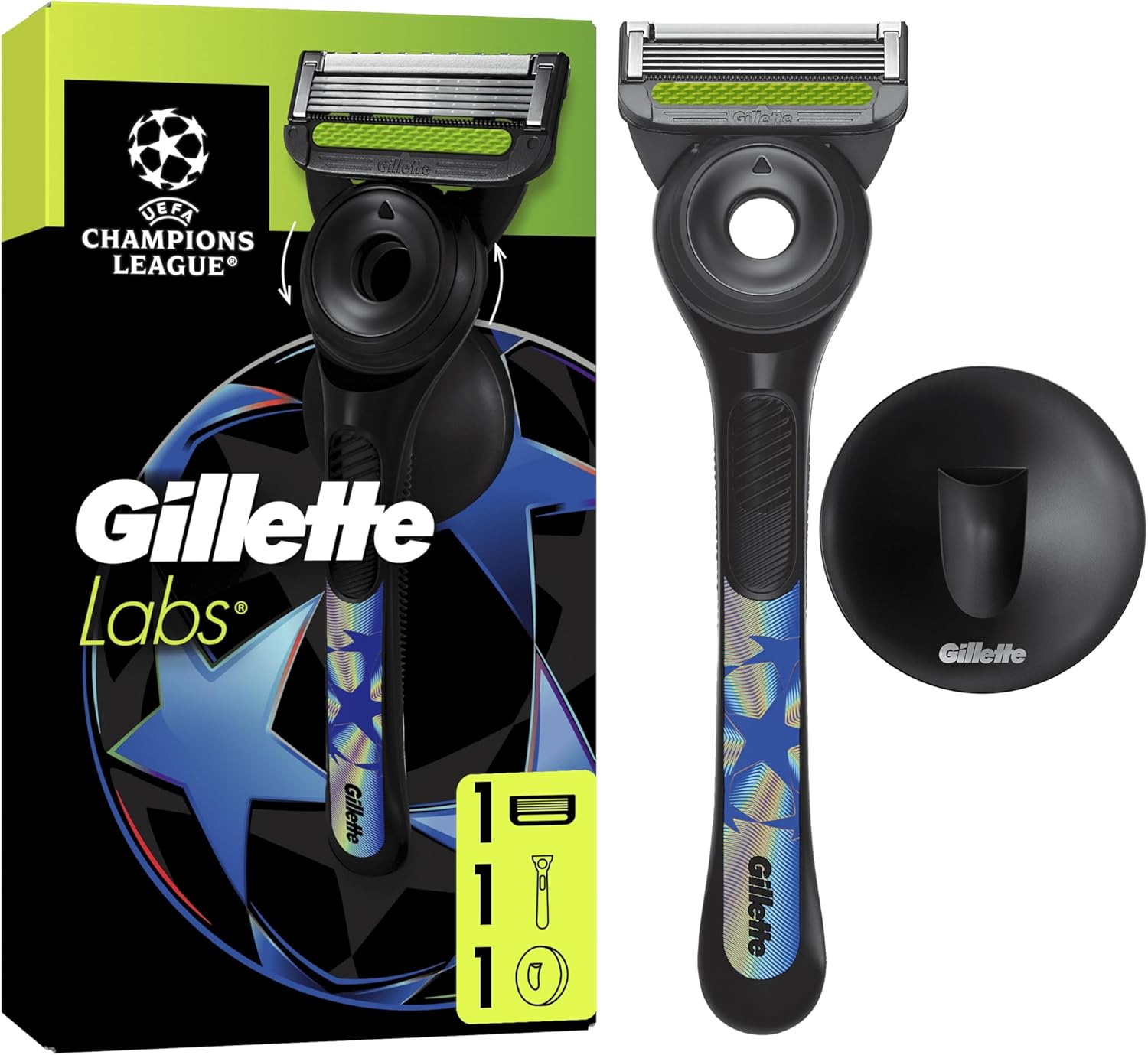 Labs Rasoir Homme Edition UEFA Champions League Special Avec Barre Exfoliante, Manche Reutilisable Et Cartouche De Recharge GilletteLabs, A 5 Meilleures Lames De La Marque, Rasage Confortable Gillette Labs UEFA Rasoir + Recharge