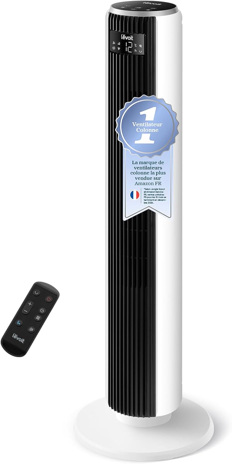 20dB Ventilateur Colonne Silencieux, 7.9m/s DC Moteur, 26W, Oscillant 90° avec 12 Vitesses, Minuterie 12h, 4 Modes, Affichage LED de Refroidissementavec Télécommande, Blanc 92 cm 7.9 m/s DC