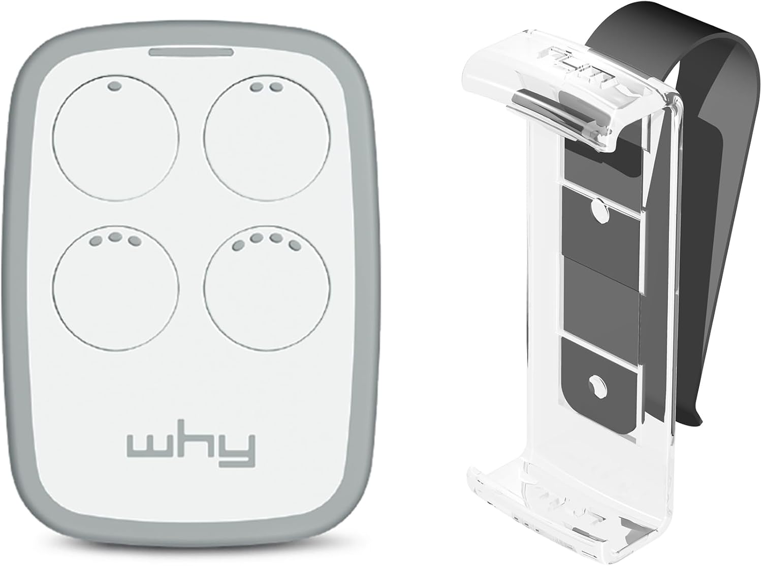 Why, Télécommande Universelle, 4 Boutons + Clip Pare-Soleil, Ouvre Les portails et Les Portes de Garage, Copie 750 télécommandes Rolling Code, Contrôle jusqu'à 4 entrées, Blanc WHY Blanc + Clip