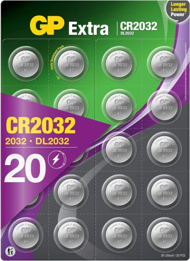 Piles CR2032 - Lot de 20 - GP Extra - Bouton Lithium CR 2032 3V- Haute Performance pour dispositifs Portables et médicaux, Porte-clés et balances CR2032 X 20
