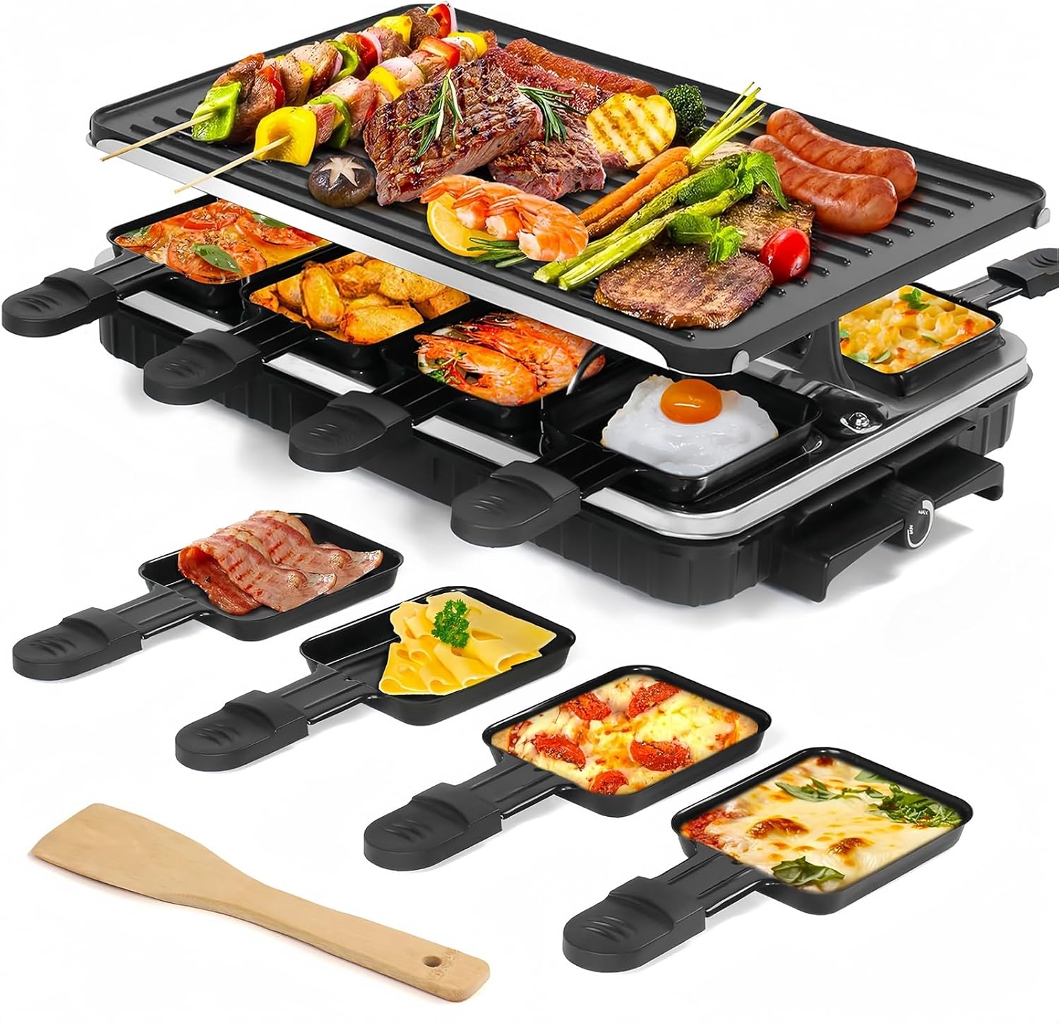 Appareil a raclette, appareil raclette 8 personnes, avec 1 grille à raclette réversible antiadhésive et 8 mini poêlons à raclette en fromage et 1 spatule en bois, pour le barbecue en intérieur