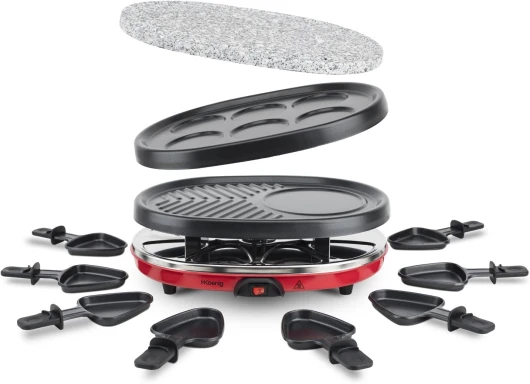 H.Koenig Appareil à raclette Multifonction 8 personnes Professionnel RP412, Pierre naturelle, 6 mini crêpes pancakes, Grill, Raclette fromage fondue, 8 poêlons antiadhésifs