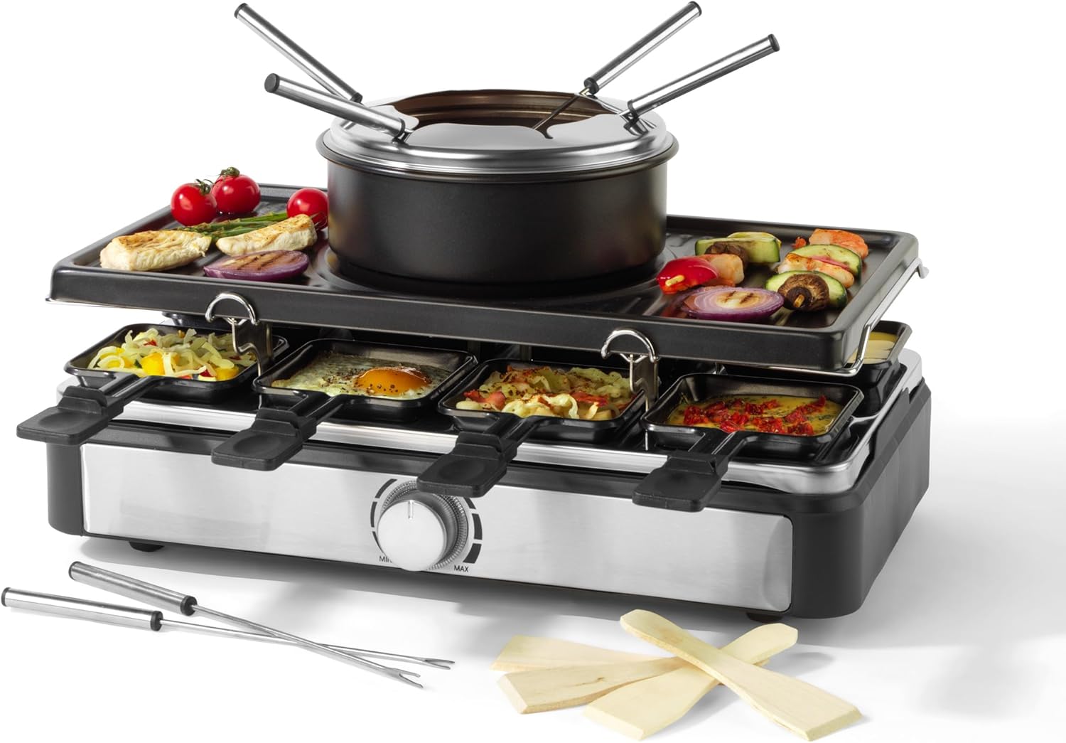 PT4513VDE Appareil à raclette grill - revêtement antiadhésif, 6 à 8 personnes, avec 8 poêlons et 8 spatules, amovible Pot à fondue 1.3L Fonte parfaite du fromage avec 6 fourchette, 1400W Raclette et fondue 2 en 1