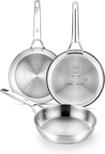 Signature - Lot de 3 poêles en acier inoxydable 18/10 professionnel sans revêtement antiadhésif, triple fond diffuseur, tous feux dont induction, finition polie brillante, 20-24-26 cm 20-24-26 cm.