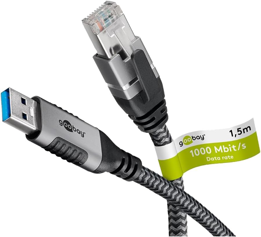 Goobay 1,5m LAN-USB Câble 1 Gbit Transfert de données - USB A 3.0 vers RJ45 Ethernet Le câble CAT 6 connecte le routeur et l’ordinateur portable ou le PC - Remplace l’adaptateur USB vers LAN - 70497 USB-A vers RJ45 Noir / Gris / Argent 1,5 métres