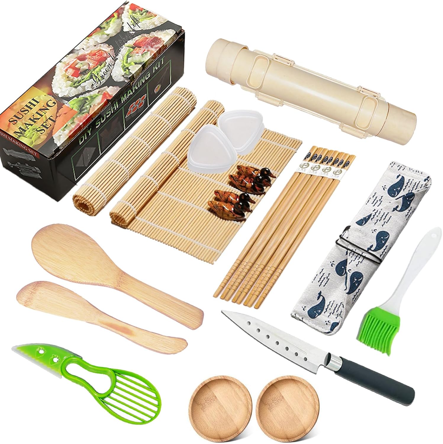 Kit complet de fabrication de sushis professionnel de 22 pièces avec rouleau à sushi, moule à onigiri, tapis à sushi en bambou, palette de riz, couteau à sushi, plats à sauce, guide et plus encore –