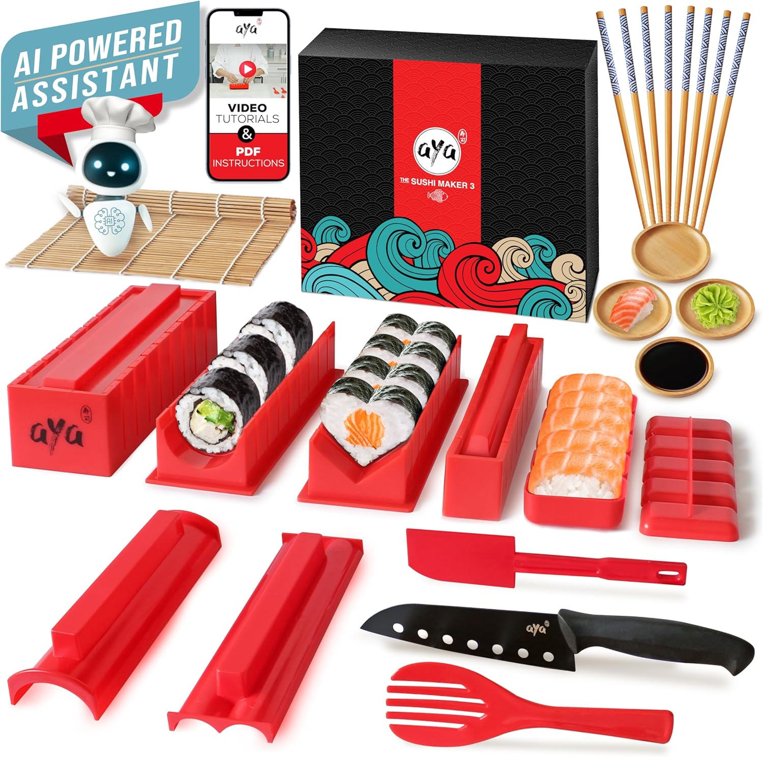 Le Sushi Maker 3 - Coffret Premium 25 Pièces - Assistant IA - Recettes - Appareil et Moules à Sushi - Couteau Expert et Natte en Bambou - Vidéos d'Instructions - Kit pour Maki et Nigiri