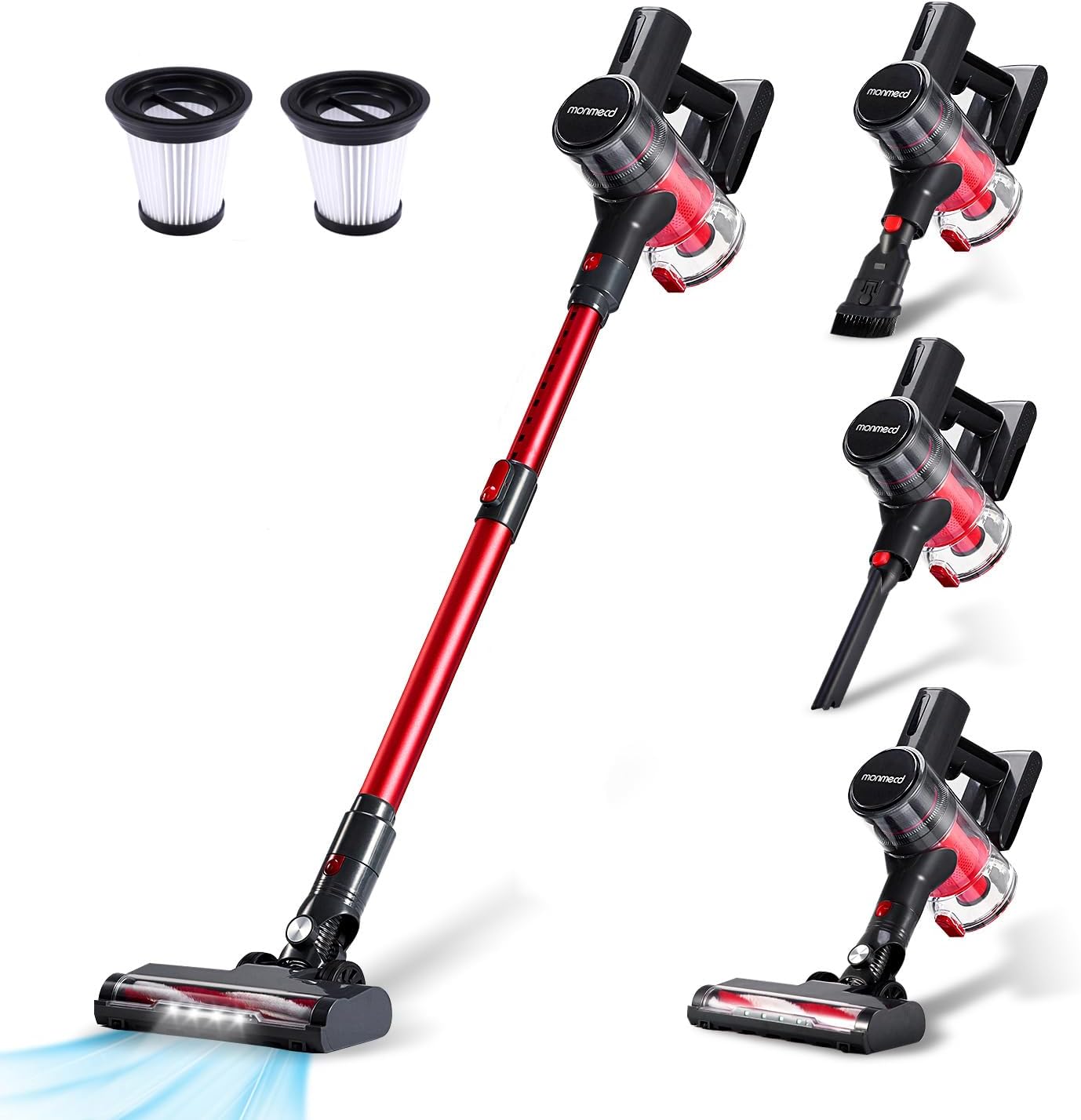 Monmecd Aspirateur Balai sans Fil 4-en-1 – 16Kpa, 150W, 50 Min d’Autonomie, LED, 2 Vitesses, Réservoir 1L, pour Tapis Sols Durs Poils d’Animaux