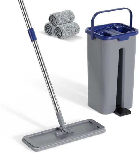 Balai Serpillère Essoreur avec Seau, Serpillière Plat Rotatif 360°avec 3 Serpillères Réutilisables, 2 en 1 Seau Essoreur Serpillere de Mains Libre pour Nettoyage Tous Types de Sols(Gris) Seau:35*16.2*19.5CM