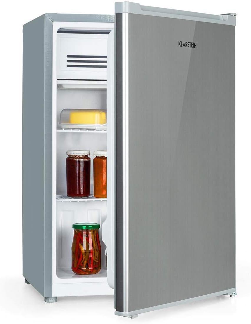 Delaware - Réfrigérateur compact, Capacité: 76 L, Congélateur: 4L, 2 niveaux de rangement, Range-boissons, Econome, Thermostat à 5 niveaux, Pieds réglables - Argent