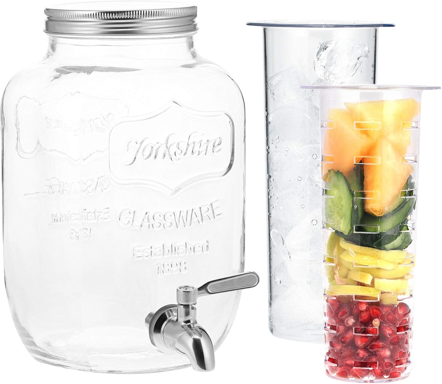 Distributeur de Boissons avec Robinet - Distributeur Boisson 4 L en Verre avec Couvercle et 2X Insert - Fontaine Eau Cocktail Jus Alcool 3,8 L