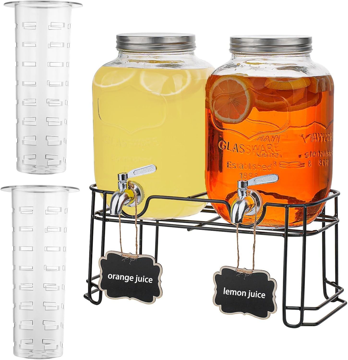 Distributeurs De Boissons En Verre 2x4L Avec Robinet, Distributeur Boisson En Verre Avec Support Et Robinet En Acier Inoxydable, Bocal pour Sublimez vos Cocktails Fêtes et Anniversaires 1