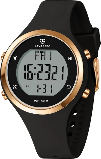 Montre Femme Digitale avec Bracelet en Silicone,Alarme, Chronomètre,Date,Eclairage,Compte à rebours, Deuxième Fuseau horair,Snooze 01 Noir Or Rose