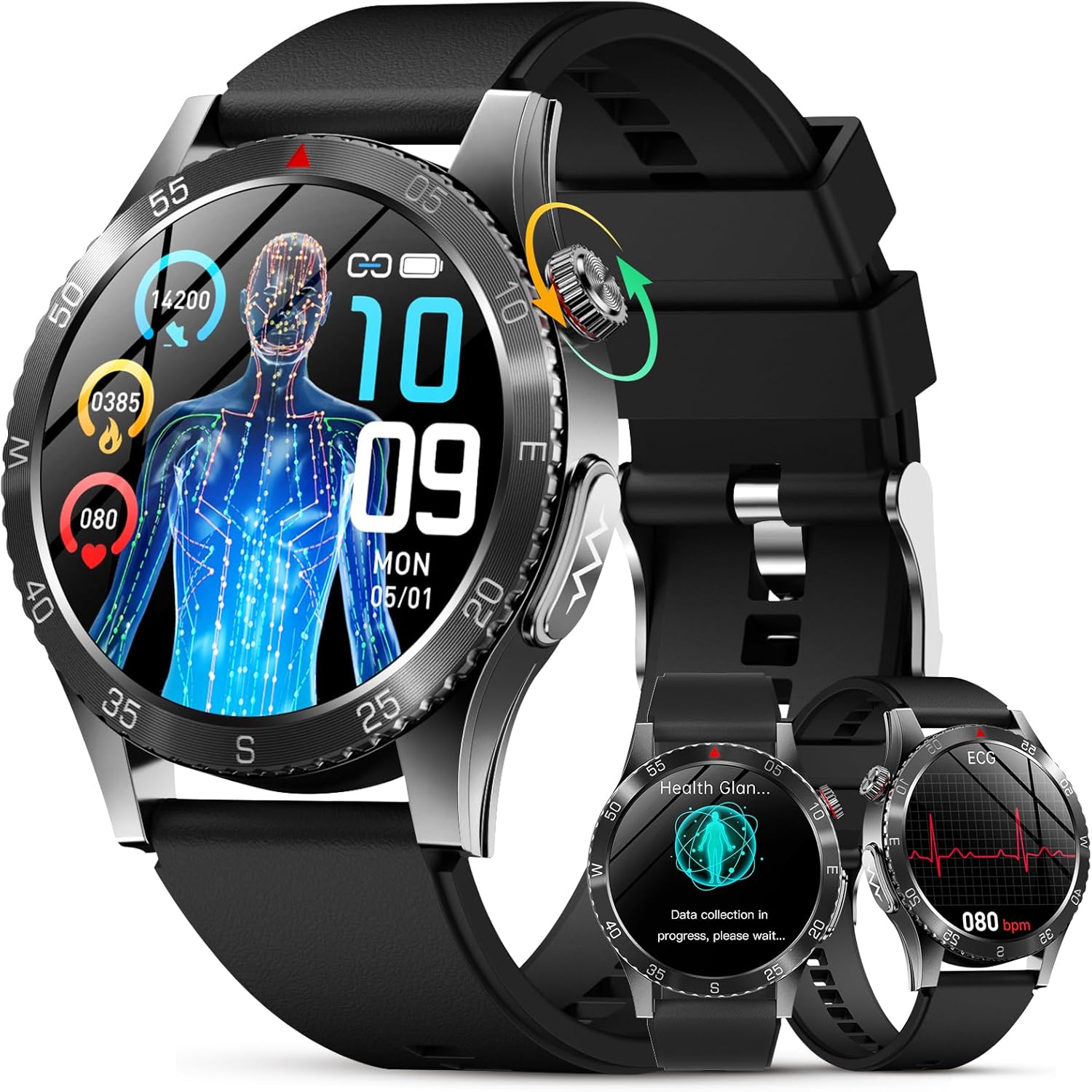 Montre Connectée Homme avec 𝐄𝐂𝐆+HRV/𝐆𝐥𝐲𝐜é𝐦𝐢𝐞/Acide urique/IMC, 1.43" AMOLED Smartwatch avec Appel Bluetooth, 24H Cardiofrequenceme/SpO2, Sommeil, Appel d'urgence SOS pour Android/iOS Noir