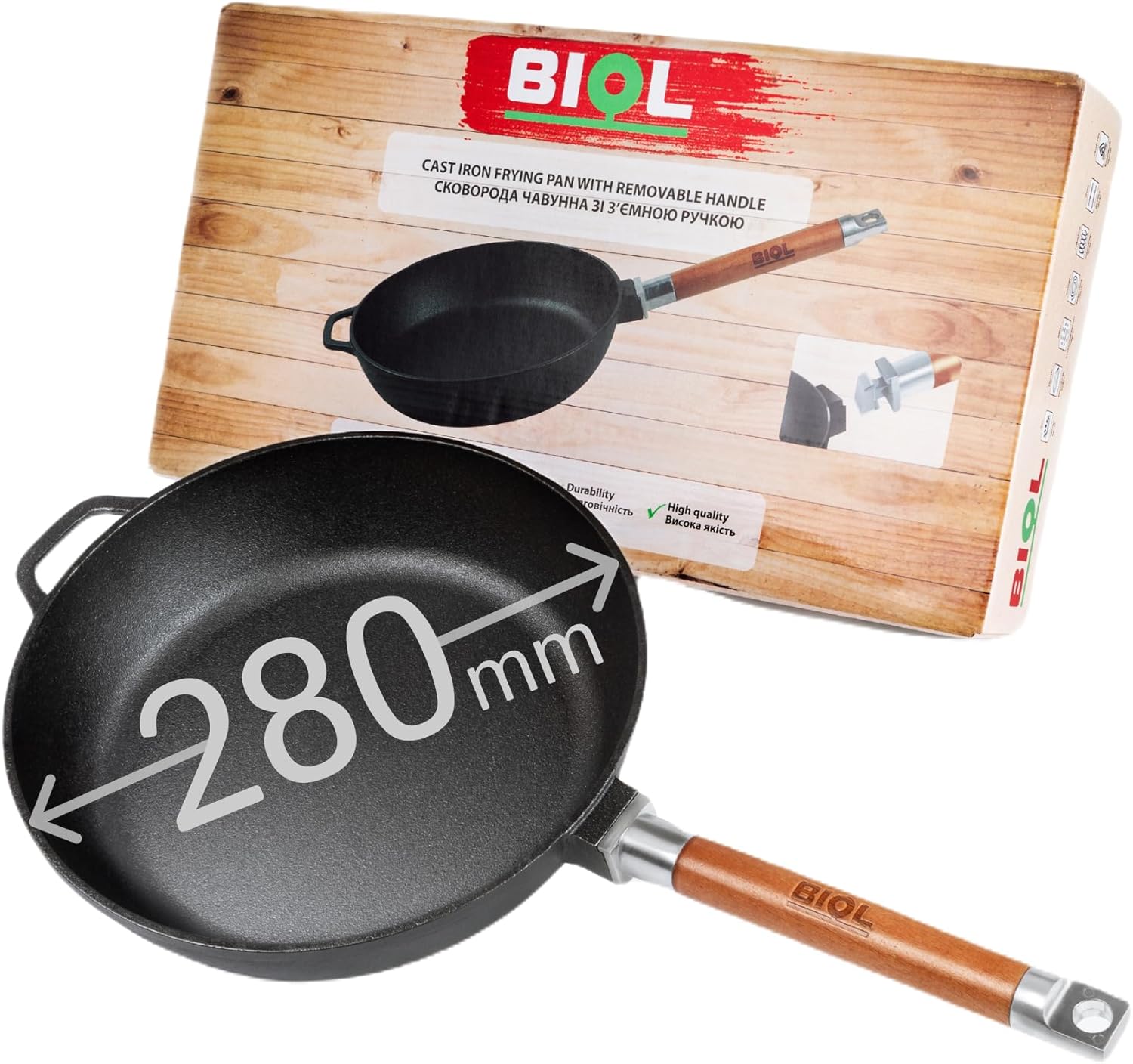 (28 (EU)) - Saute Pan Cast Iron Frying Pan with Removable Handle Diameter 24, 26, 28 cm - Hone 58 and 6.6 cm., black, 28 (EU) 28 cm Sans bec verseur, hauteur 58/66 mm