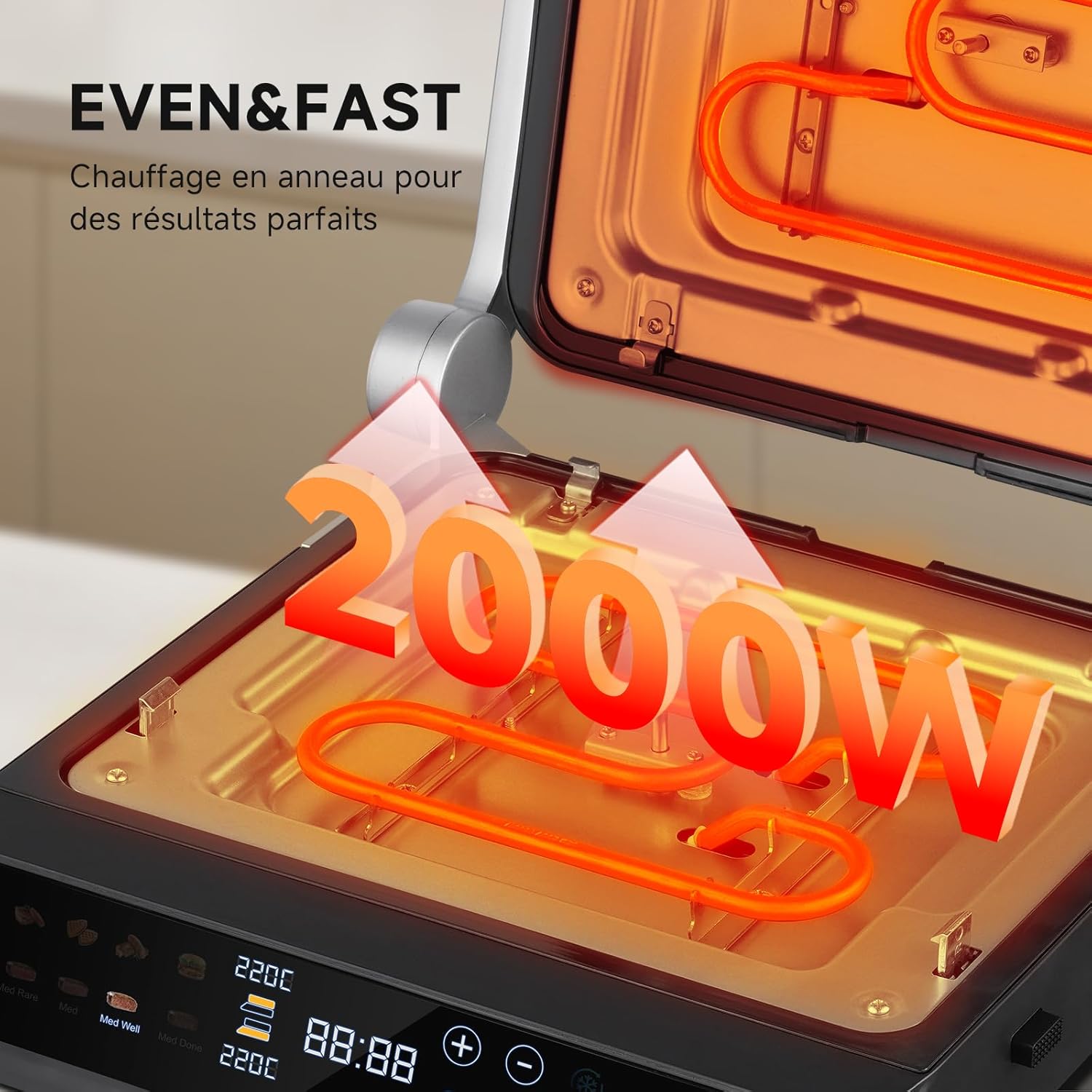 AMAZHEF Grill électrique multifonction 6 en 1 avec capteur de température, fonction Sear 280°C, double thermostat indépendant, plaques amovibles lavables au lave-vaisselle, gaufrier, barbecue, panini WITH WAFFLE PLATE