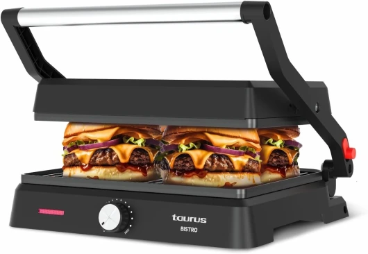 Taurus - Grill Bistro 2600W - 2-en-1: Grill et Plancha - Plaques 29x23 cm - Ouverture 180° - Revêtement Antiadhésif sans PFOA - Bac à Graisse - Thermostat Réglable, Noir, Métal