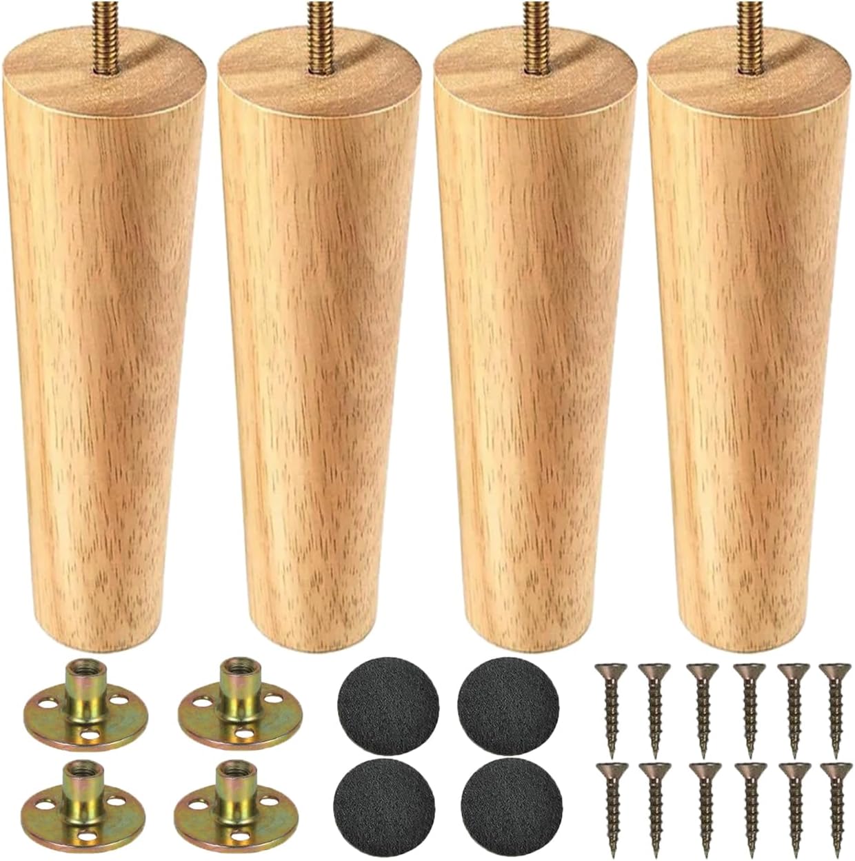LCOUACEO Pieds de meubles en Bois 20cm Pied de Table 4 Pièces Pieds de Table en Bois Conique Massif Pieds de Canapé Pieds de Meubles de Remplacement avec Vis de Plaque de Montage et Tapis Antidérapant 4 pièces/20cm