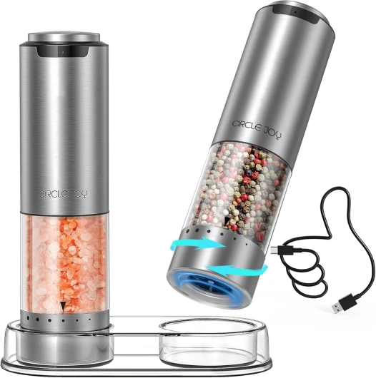 Ensemble de Moulin à Sel et Poivre Électrique Rechargeable Moulin à Épices avec Base, Récipient Transparent de 95ml, Lumière LED Blanche et Grosseur Réglable par L'extérieur Ensemble Rechargeable avec Base