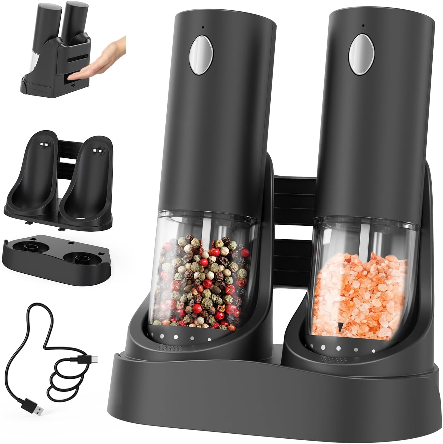 Ensemble de Moulin à Poivre Électrique Moulins à Épices avec Double Base de Charge Facile à Transporter, Écipient de 95ml, Lumière LED Blanche et Grosseur Réglable par L'extérieur, Noir Ensemble Rechargeable avec Base de Chargement - Noir