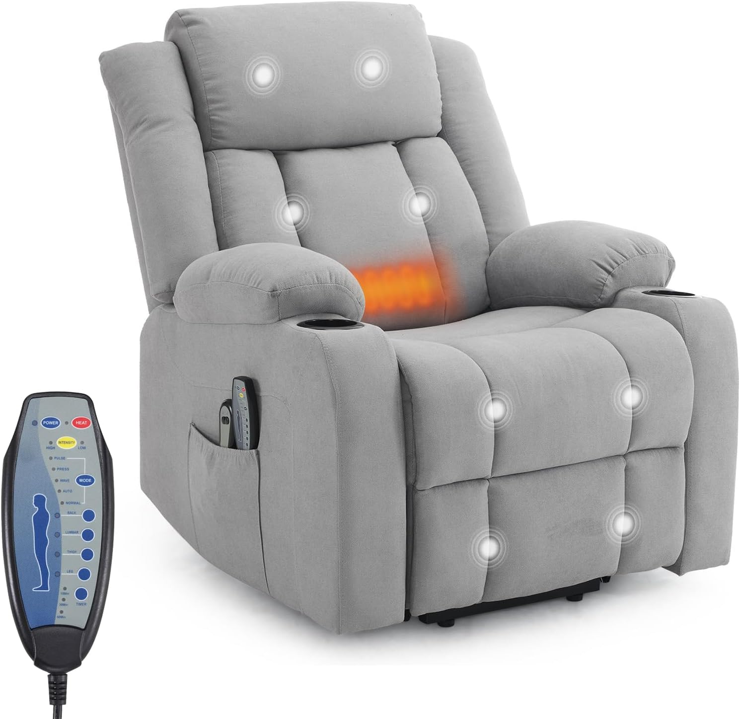 Fauteuil Releveur Électrique Relax avec Fonction Massage et Chaleur, Inclinaison Réglable et Repose-Pieds, Télécommande Incluse