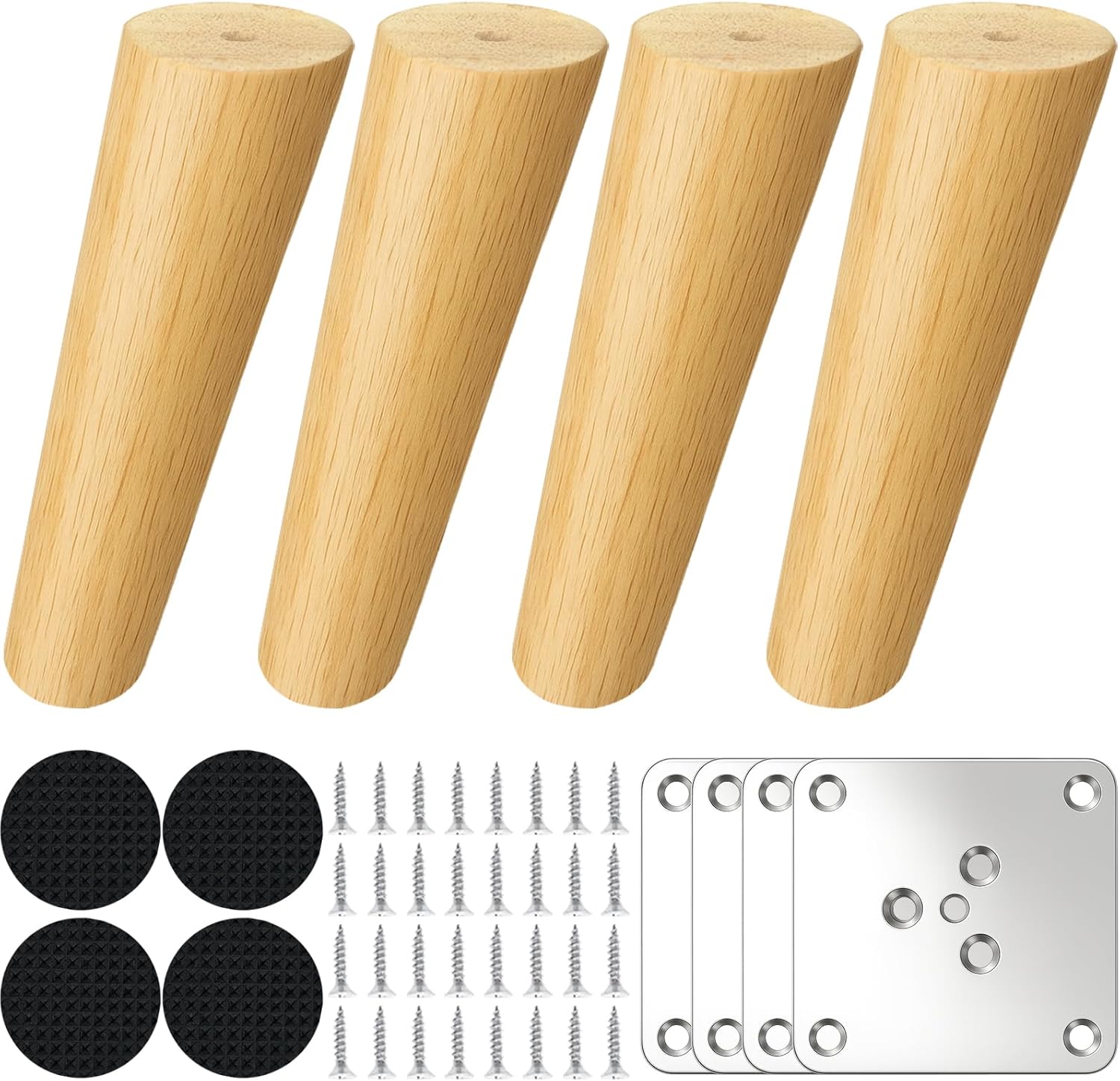 JinPhon Pieds de Meuble Scandinaves Lot de 4 Pieds Meuble en Bois de Chêne Massif, Coniques 15cm, pour Rénovation DIY Canapé, Armoire, Table Basse, Kit Complet, Style Scandinave