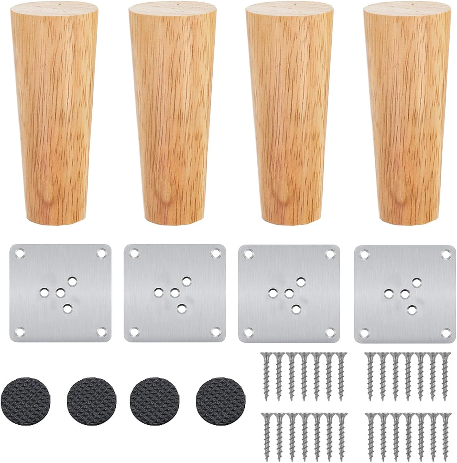 Lot de 4 Pieds De Meuble Bois,Pieds Coniques, Pieds De Table en Bois de Chêne Naturel Rond avec Vis pour DIY Meuble Sofa Fauteuil Canapé Lit Chaise Placards,Table De Nuit, Armoire, Tiroir(8 cm)