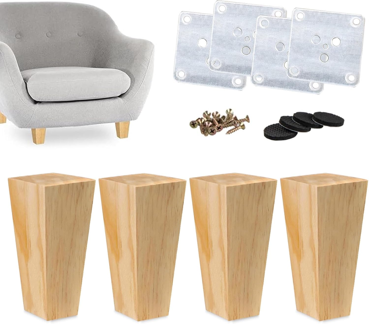 KGUDYS Pieds De Canapé en Bois 8cm 10cm 12cm 25cm 30cm,Set De 4 Pieds De Meuble en Bois Massif Carré,Couleur Bois Originale,pour Fauteuil Table Basse Commode Canapé Bureau Chaise,Straight-25cm/9.8in Straight 25cm/9.8in