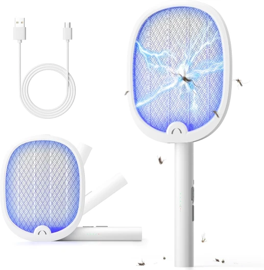 YISSVIC Raquette Electrique Insectes, Raquette Anti Moustiques Pliable 4000V 1800mAh Tapette Électrique Puissante Rechargeable avec Câble Chargement USB-C Lutte Contre Moustiques Mouches Mites (Blanc) 1pc Blanc