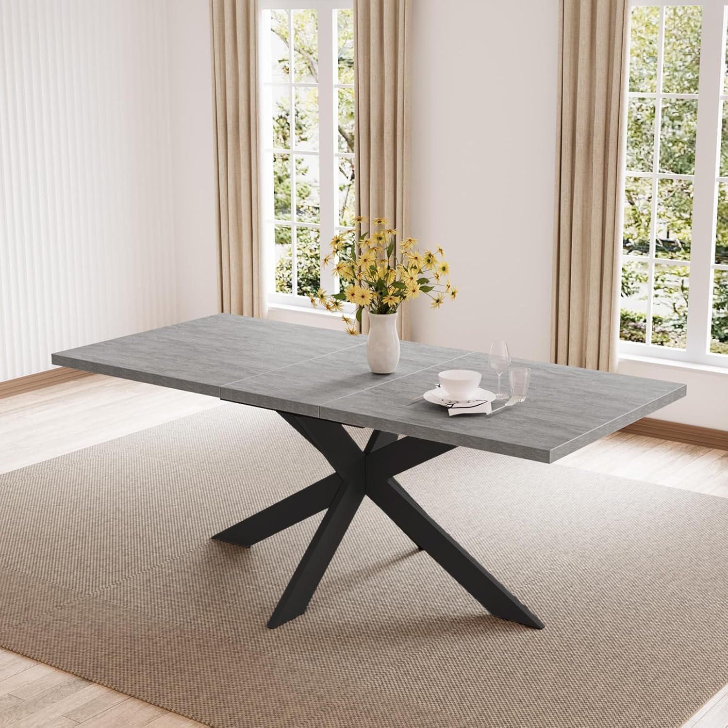 Table de Cuisine et de Salle à Manger pour 6-8, Table Extensible Gain de Place, Cadre en métal, Table rectangulaire de Style Ferme pour la Maison ou Le Bureau (Gris Clair) Table Gris Clair