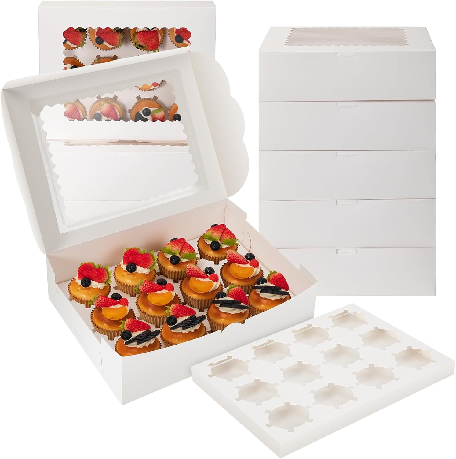 Zosenyer Boîte à Gâteau 10 Pièces, Boîte à Cupcake Avec 12 Trous, Boîtes de Transport pour Gâteaux pour Emballer des Gâteaux et Décorer des Cadeaux Blanc