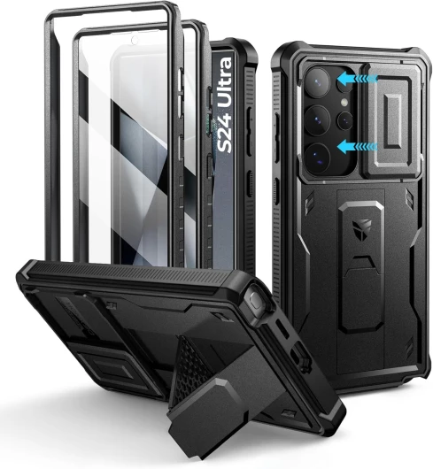 Pour Coque Samsung Galaxy S24 Ultra【Double Cadre Avant et Support】 avec CaméRa Coulissante Intégrée & Protecteur d'écran, Coque de Protection Robuste Résistante Aux Chocs - Noir Samsung Galaxy S24 Ultra Noir