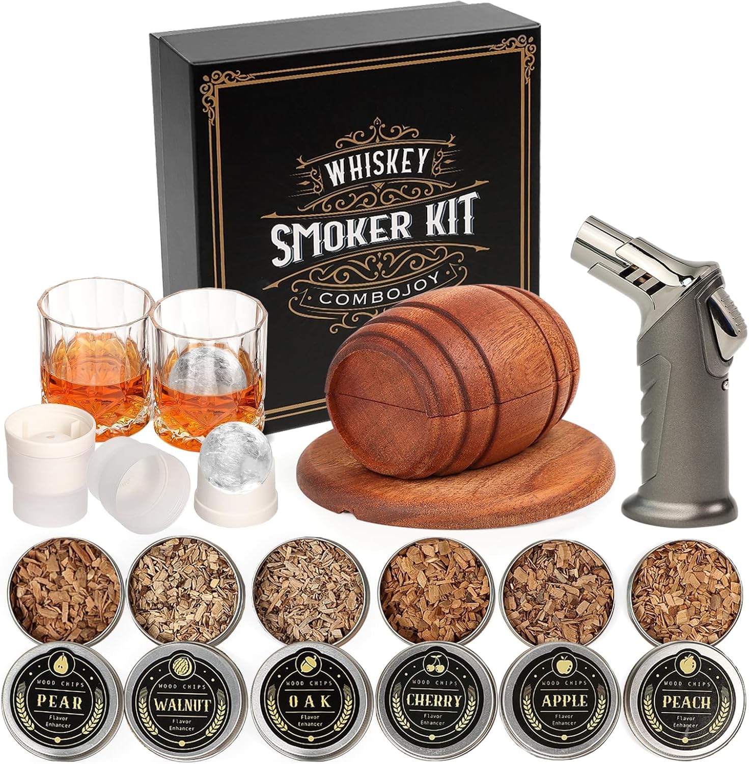 Kit de Fumoir pour Whisky avec Chalumeau - 6 arômes de copeaux de bois, 2 Verres, 2 Moules à Glaçons Sphériques - Kit Fumoir Cocktail, Cadeau homme, anniversaire, fête des pères, Noël (Sans Butane)