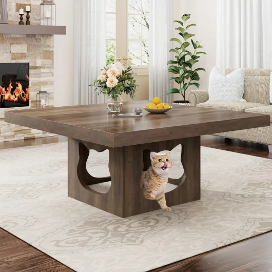 HSH Table Basse Carrée en Bois Rustique Table Centrale de Ferme avec Coussin de Maison pour Chat Table de Cocktail de Rangement Industriel pour Maison Bureau Bhambre à Coucher Chêne