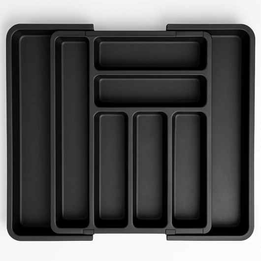 , Range Couverts pour Tiroir, Plateau d'Ustensiles Extensible, Rangement Cuisine, avec 6 à 8 Compartiments, Sans BPA, Ustensiles de Cuisine, Ajustable (Noir)