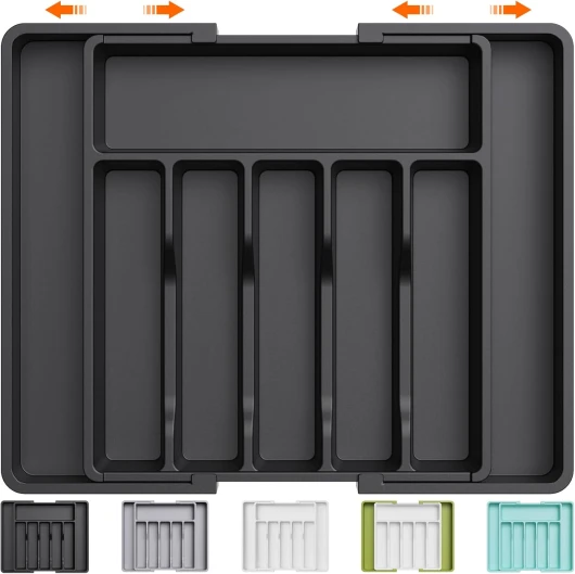 Range Couverts, Plateau d'Ustensiles Extensible pour Tiroir, Organisateur de Tiroir Réglable pour la Cuisine, Rangement Compact en Plastique pour contenir des Cuillères, Fourchettes, Noir Noir 1