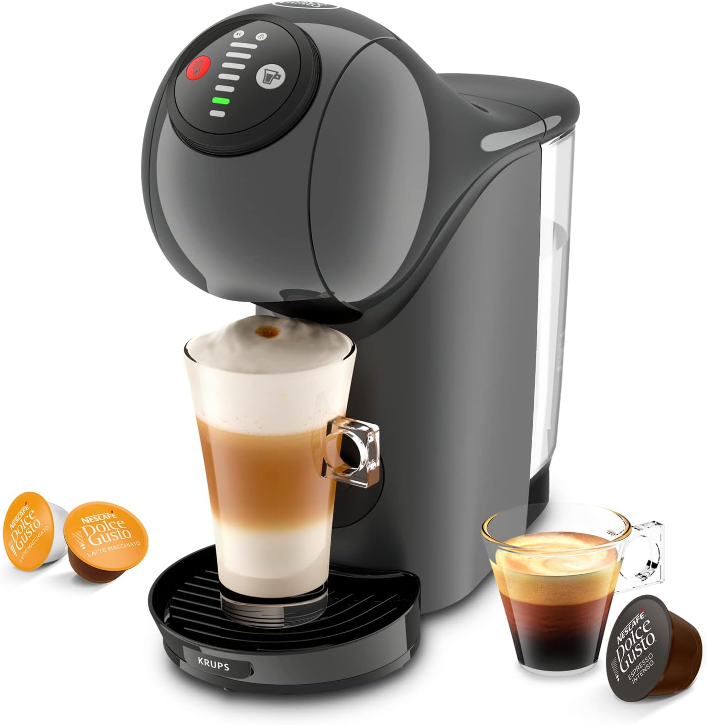 Nescafé Dolce Gusto Krups Machine à café dosettes multi-boissons, 0,8 L, Taille des boissons ajustable, Machine à espresso, Cafetière compacte, Arrêt automatique, Genio S KP243B10 Anthracite