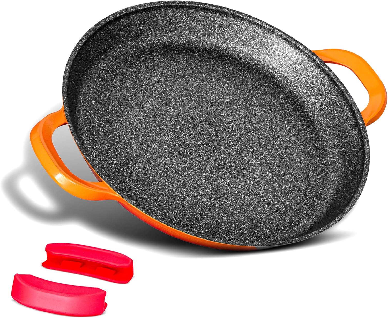 Poêle à paella professionnelle, grande poêle à frire de 40 cm, aluminium, revêtement en marbre antiadhésif, sans produits chimiques, pour tous les feux à induction, passe au four 40 cm Orange