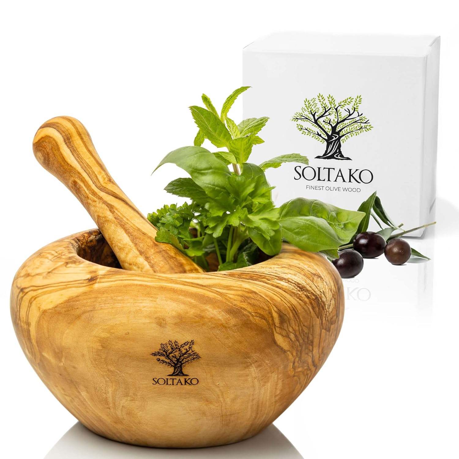 Mortier et Pilon - Ensemble de Mortier et Pilon en Bois d'Olivier - Broyeur pour Poivre, Épices - Mortier Africain - Bois d'Olivier Tunisien - Cuisine Artisanale Ø env.16cm Rond Ø 16cm