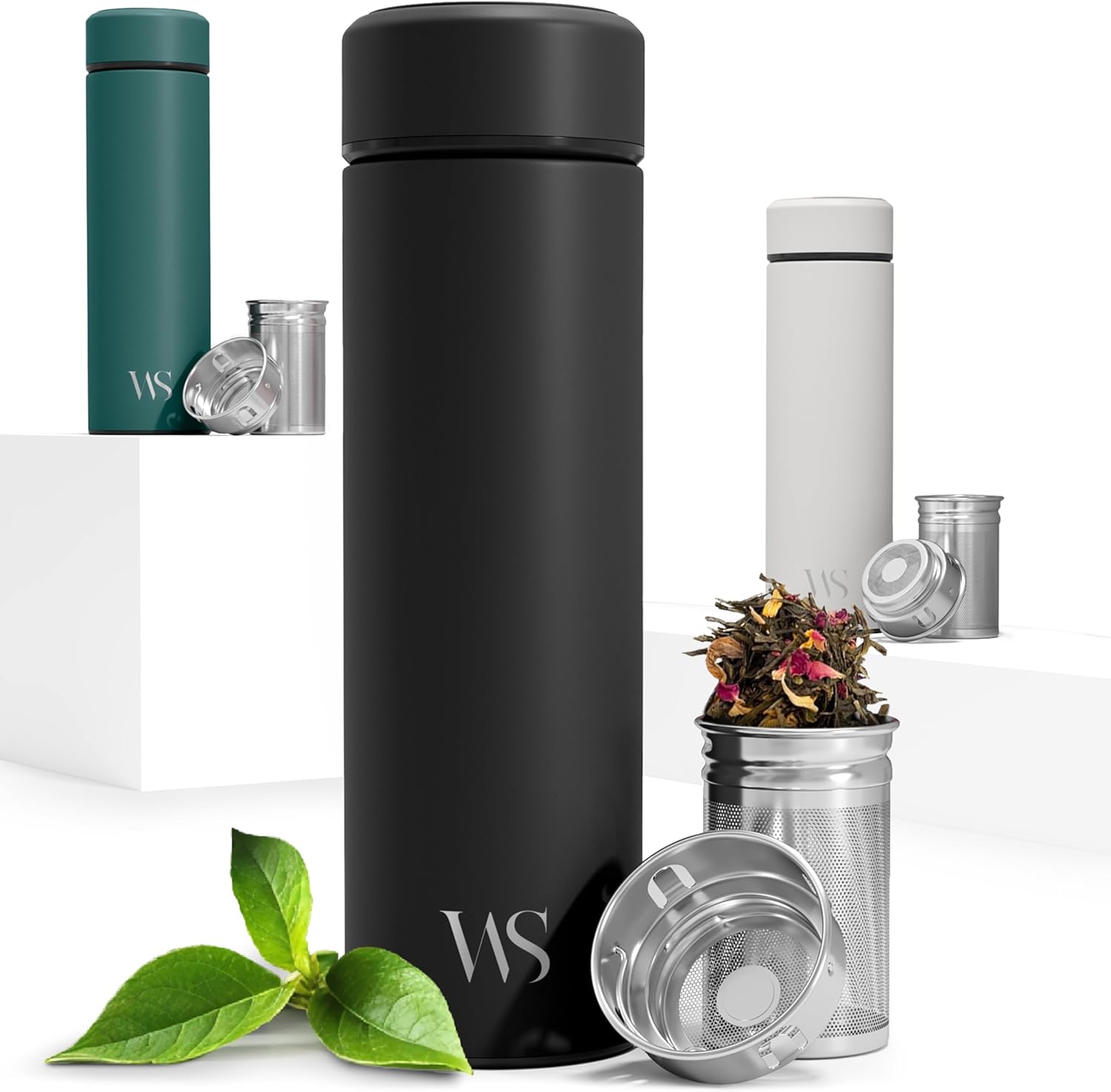 Bouteille d’eau isotherme à infusion thé & fruits + infuseur à fruit + passoire thé sans BPA - Thermos 450ml en acier inoxydable isolé sous vide - Gourde bureau extérieur école voyage sport – Noir Black