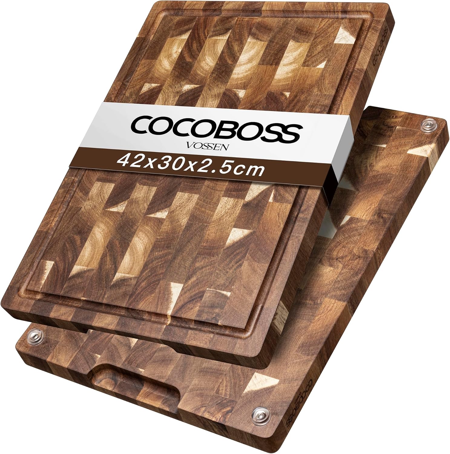COCOBOSS Planche à découper en bois d'acacia de qualité supérieure pour plaques de cuisine, avec toboggan à jus, accoudoirs, pieds antidérapants (Large - 42 x 30 x 2,5 cm)