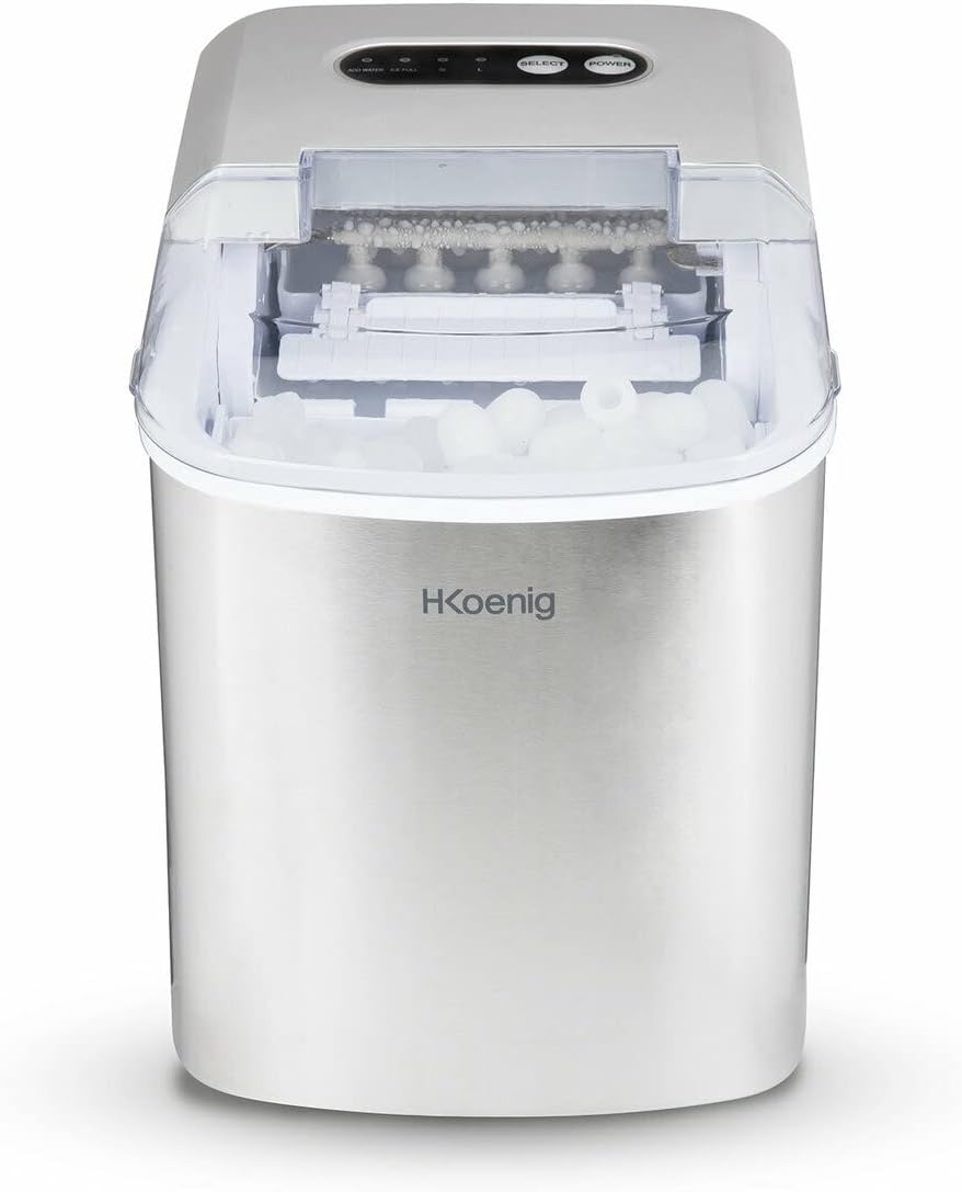 H.Koenig Machine à Glaçons KB14, 12kg en 24h, 9 Glaçons Prêts en 6 min, 2 tailles de Glaçons, Autonettoyante, Silencieuse 2,1L, Glaçons, avec Pelle à Glaçons, pour Maison/Cuisine/Camping
