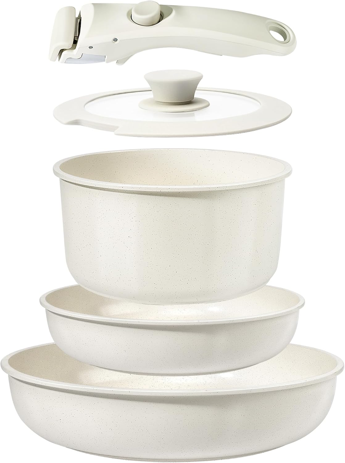 Set de Casseroles et Poêles en Céramique Antiadhésif - 5 Pièces avec Poignées Détachables, Sans Produits Toxiques, Compatible Induction, Four et Lave-vaisselle Blanc 5PCS