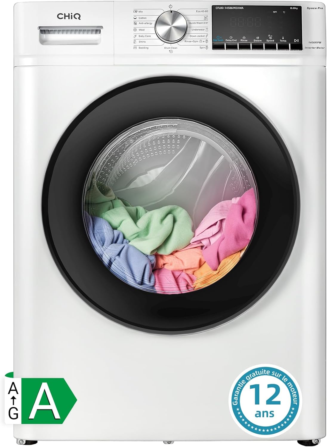 Lave-linge CFL80-14586IM3XWA, Chargement frontal 8 kg,Space Pro,Moteur Inverter stable,1400 tr/min, Programme intelligent à IA, Fonction vapeur, Lavage rapide 15 minutes, 15 cycles lavage, Blanc 8kg