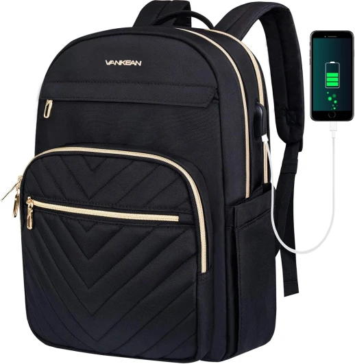 VANKEAN Sac à dos pour ordinateur portable 15,6 pouces pour femme homme, avec port USB, imperméables, Pour voyage, décontracté élégants pour l'école, l'université, les affaires, noir