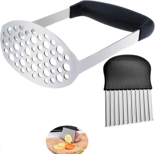 Presse-Purée Manuel en Acier Inoxydable, ustensile de cuisine et presse-purée avec coupe-légumes ondulés, idéal pour les haricots, les légumes, les fruits, l'avocat et la viande.
