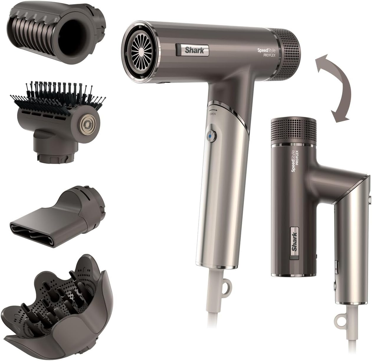 Sèche-cheveux SpeedStyle Pro FLEX ultra-performant et ultra-rapide, 4 embouts de coiffage, léger, ionique, sans dommage thermique, poignée pliable, tous types de cheveux, Moka Argent HD542EU