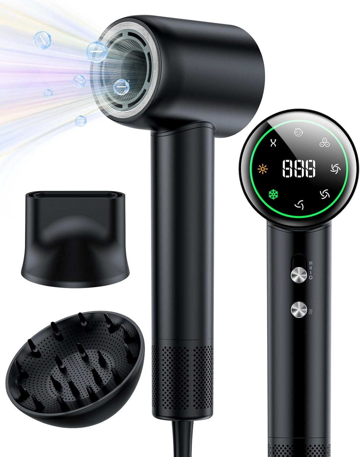 Sèche-cheveux professionnel haute vitesse 160 000 tr/min, sèche-cheveux ionique négatif 200 millions pour un séchage rapide, un contrôle thermique à faible bruit, avec diffuseur et buse Gris Foncé
