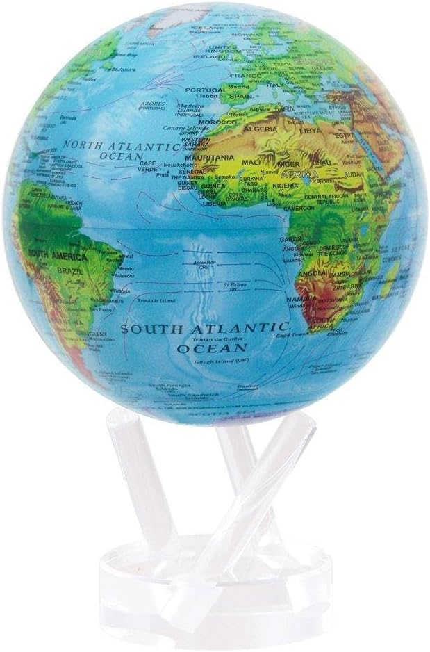 Globe Carte du Monde en relief bleu 8,5" avec Base, Globe Rotatif à énergie Solaire, Cadeau Unique et Décoration de Maison ou de Bureau pour Hommes, Femmes, Enfants
