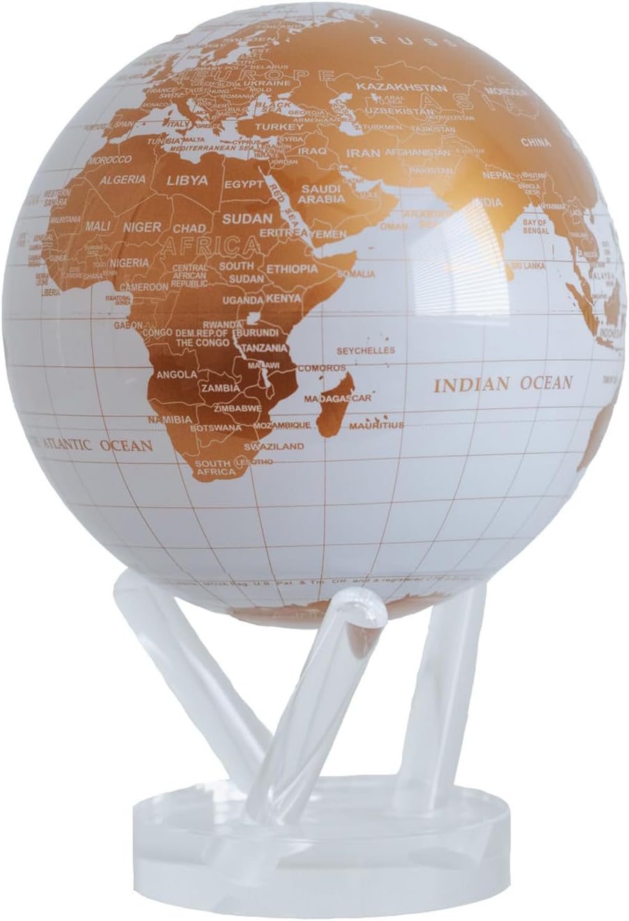 Globe Carte du Monde Blanc et Or 8,5" avec Base, Globe Rotatif à énergie Solaire, Cadeau Unique et Décoration de Maison ou de Bureau pour Hommes, Femmes, Enfants